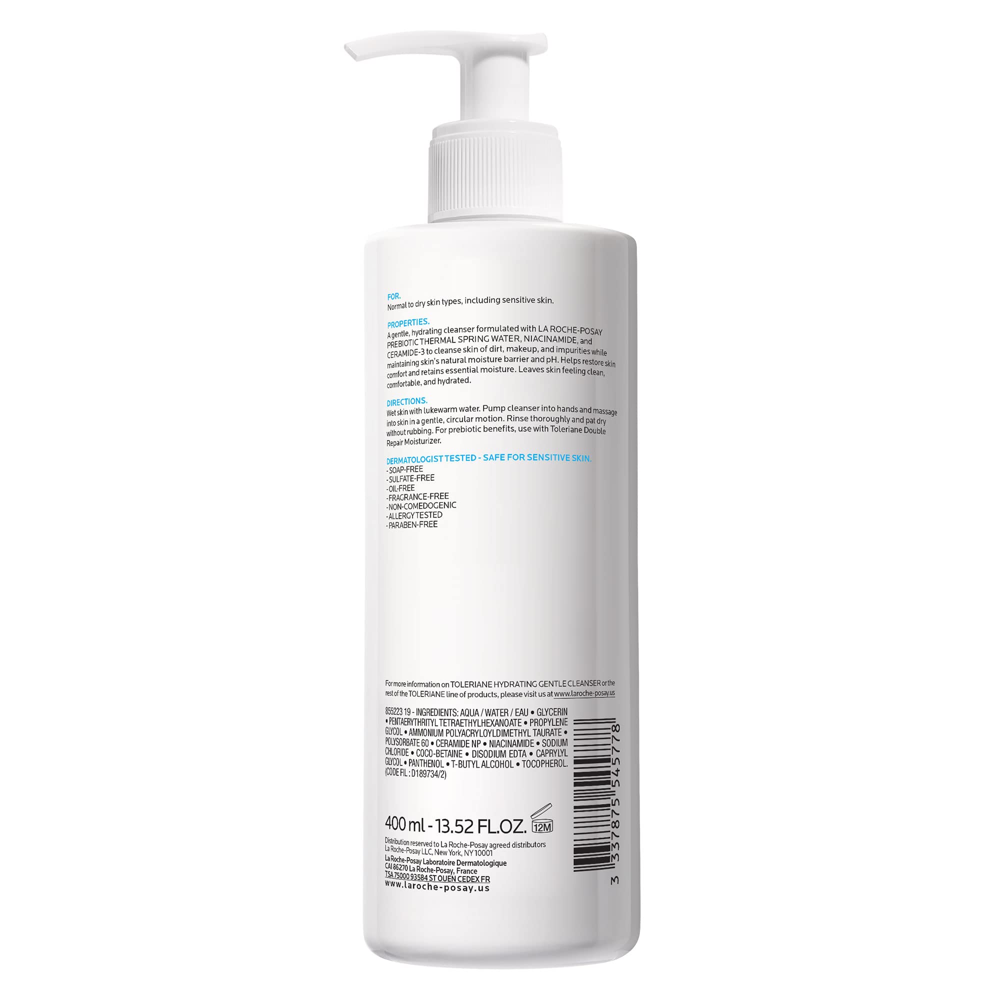 La Roche-Posay Toleriane Hydrating Gentle Facial Cleanser, 13.52oz | Face cleanser with niacinamide & ceramides, safe for sensitive skin. Daily face wash for normal to dry skin, fragrance free.