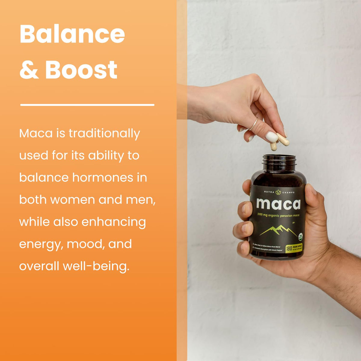 NutraChamps USDA Organic Maca Root Capsules for Women & Men, 2100mg, 180 Capsules, Black, Red & Yellow, Peruvian Maca Peruana, Gelatinized Maca Root Powder Extra Strength Pure Premium Supplement