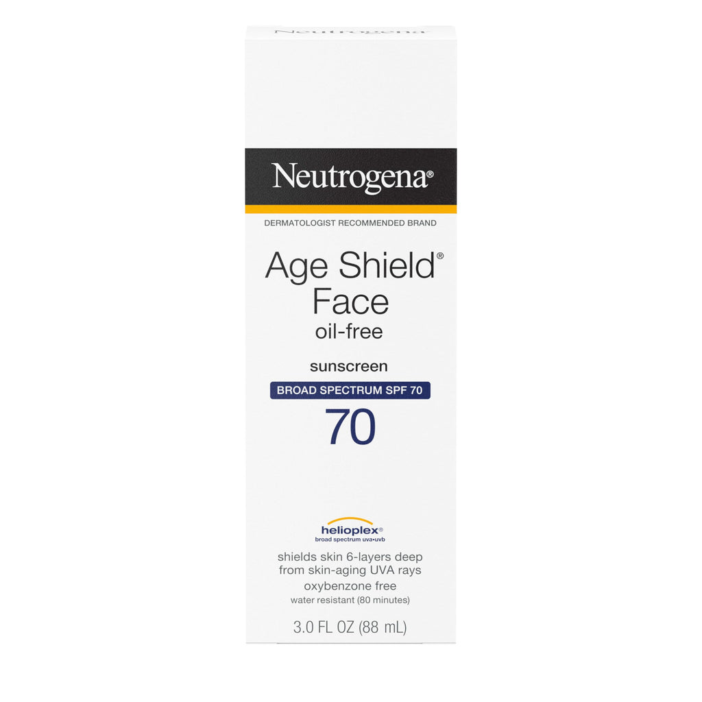 Buy now Neutrogena Age Shield Face Oil-Free Sunscreen Lotion with Broad Spectrum SPF 70, Non-Comedogenic Moisturizing Sunscreen to Help Prevent Signs of Aging, PABA-Free, 3 fl. oz. at indiglob india