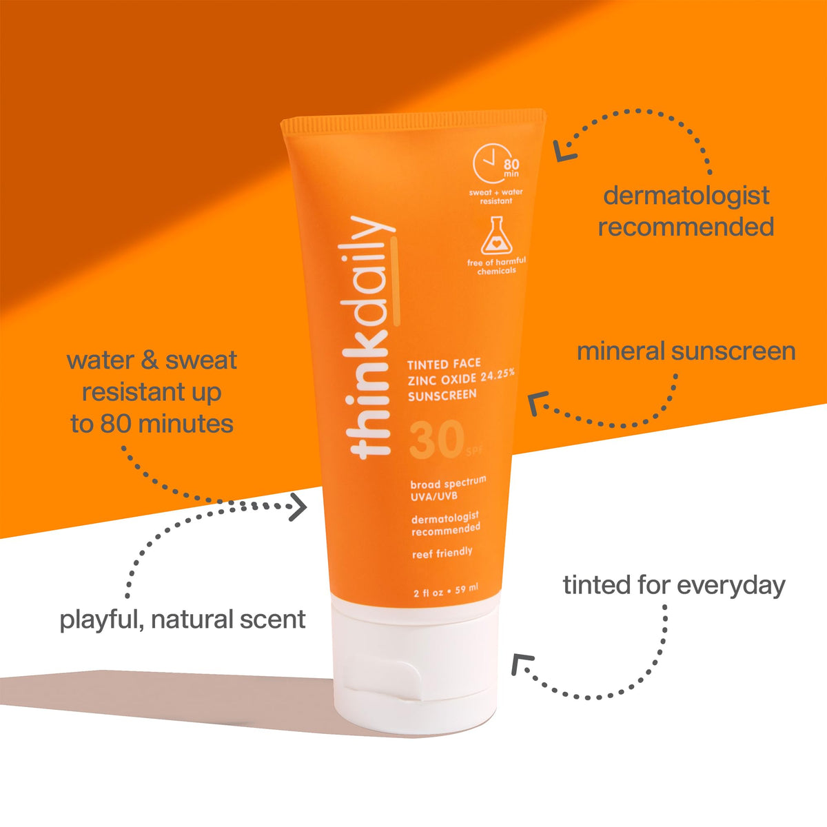 Thinkdaily Tinted Sunscreen for Face SPF 30 Mineral Zinc Oxide, 2 Fl Oz