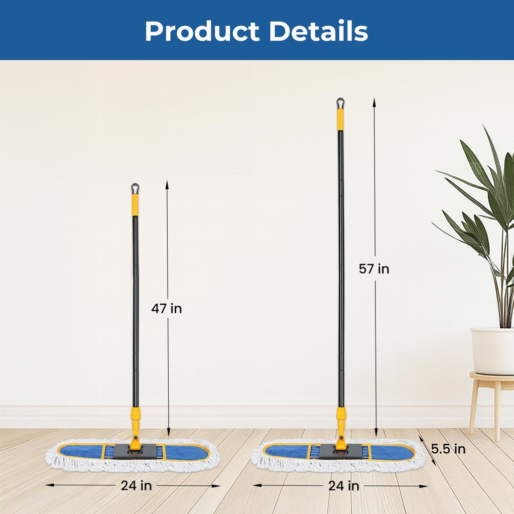 24”Dust Mop for Floor Cleaning, Heavy Duty Sweeper Broom Catches Dust, Pet Hair, and Debris, Washable 2 Cotton Mop Pads, Floor Duster for Hardwood, Tile, Laminate, and LVP Flooring