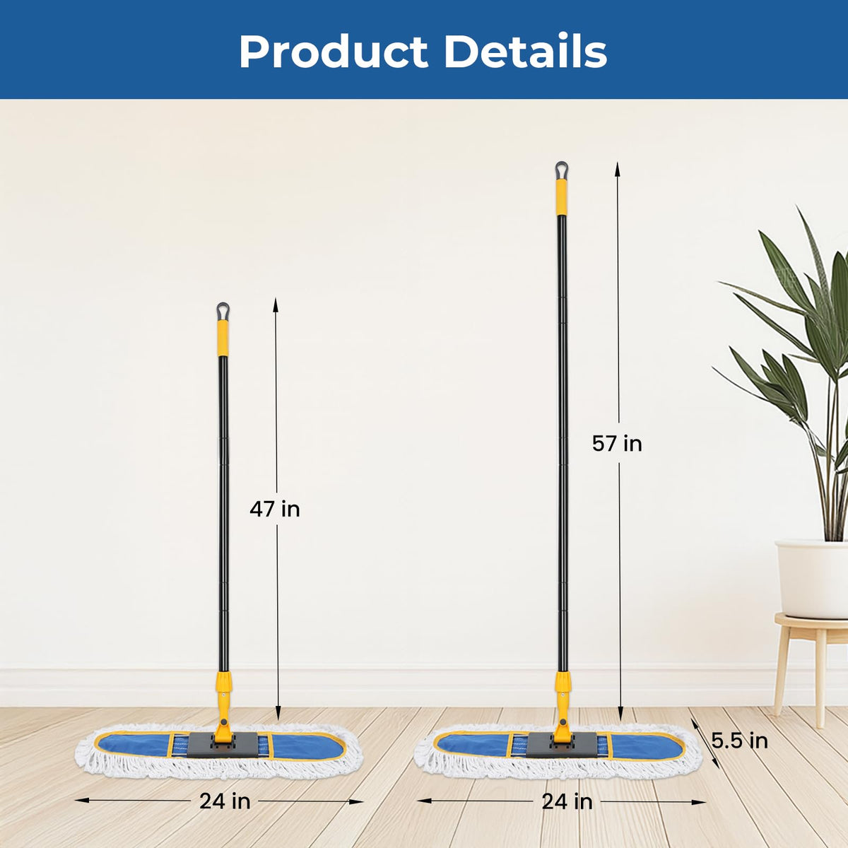 24”Dust Mop for Floor Cleaning, Heavy Duty Sweeper Broom Catches Dust, Pet Hair, and Debris, Washable 2 Cotton Mop Pads, Floor Duster for Hardwood, Tile, Laminate, and LVP Flooring