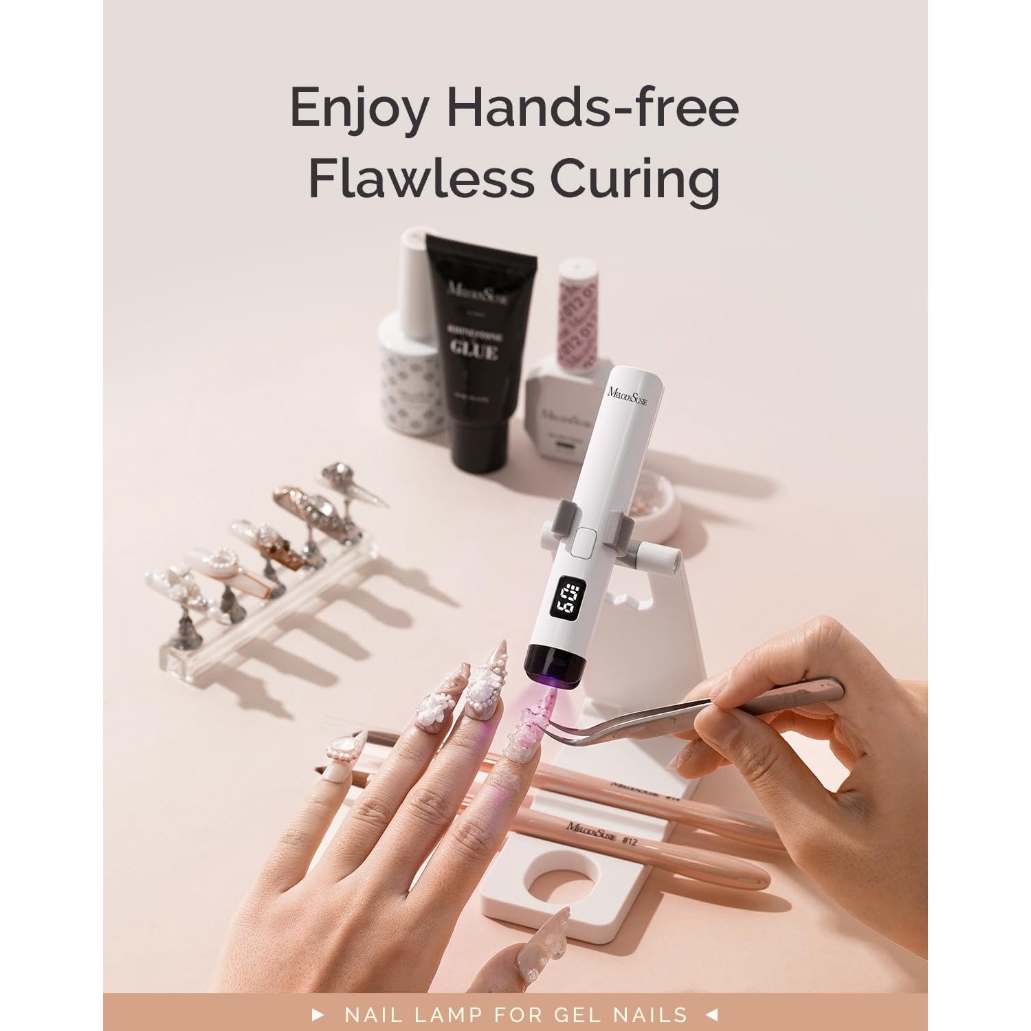 MelodySusie Handheld UV Light for Gel Nails P-ART01R with Stand, Hands-Free | Mini Portable Cordless Nail Lamp with LCD Display, Eye-Protective Cover, Flash Curing Glue, 450mAh Battery