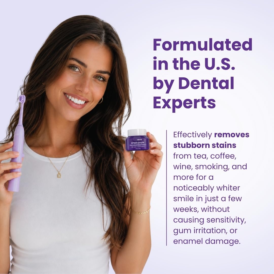 PurelyWHITE DELUXE, Updated Design Simply Purple Brightening Powder - Conceals Stains, No Sensitivity - Enamel-Safe Toothpaste Whitening Powder for Coffee, Tea, Food, Wine, and Tobacco Stains.