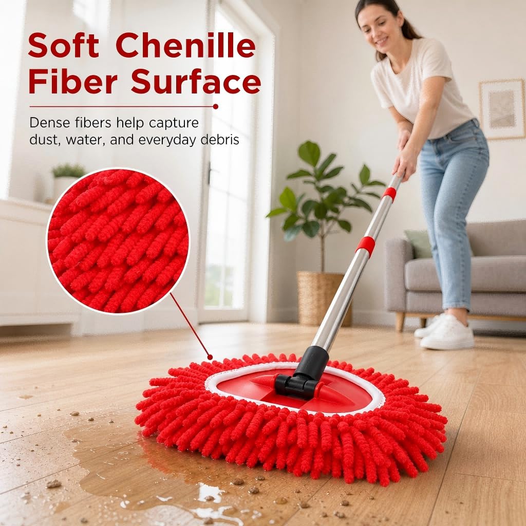 3 Pack Spin Mop Replacement Heads Compatible with O-Cedar EasyWring, Chenille Microfiber Mop Refills, Washable & Reusable Mop Head for Hardwood, Tile, Laminate and Marble Floors, Red