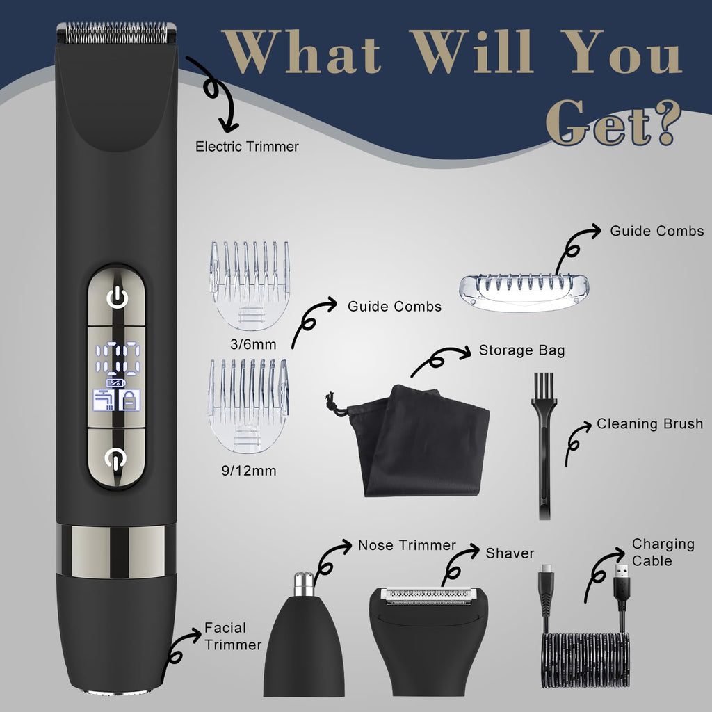 Hatteker 4 in 1 Multifunctional Dual - Head Body Hair Trimmer for Men, IPX7 Waterproof Groin & Body Hair Groomer, Rechargeable Body Electric Shaver Razor