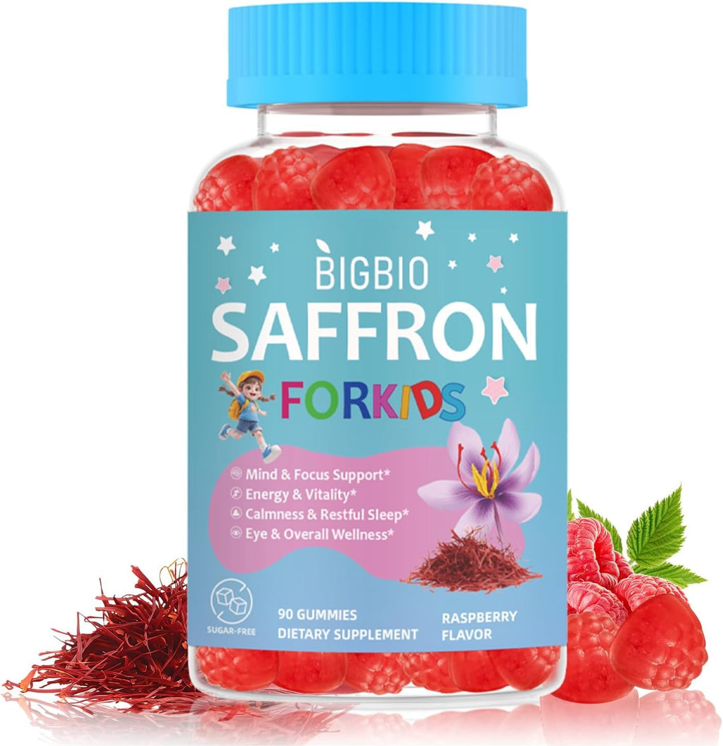 Saffron for Kids, Happy Mood Gummies, Magnesium Glycinate, Omega-3, Holy Basil, L-Theanine, Rosemary, B6, D3 for Calm, Focus, Cognition, Sleep, Sugar Free Saffron Extract Supplement, 90 Gummies