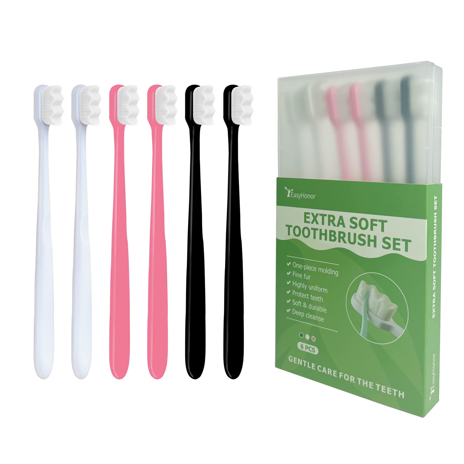 Buy now EasyHonor Extra Toothbrush for Sensitive Gums, Micro Fur Manual Toothbrush with 20000 Soft Floss Bristle for Pregnant Women, Elderly, Braces and Gum Recessions, Protect Fragile Gums (6 Pack) wht2+pink2+blk2 all wht bristle at indiglob india