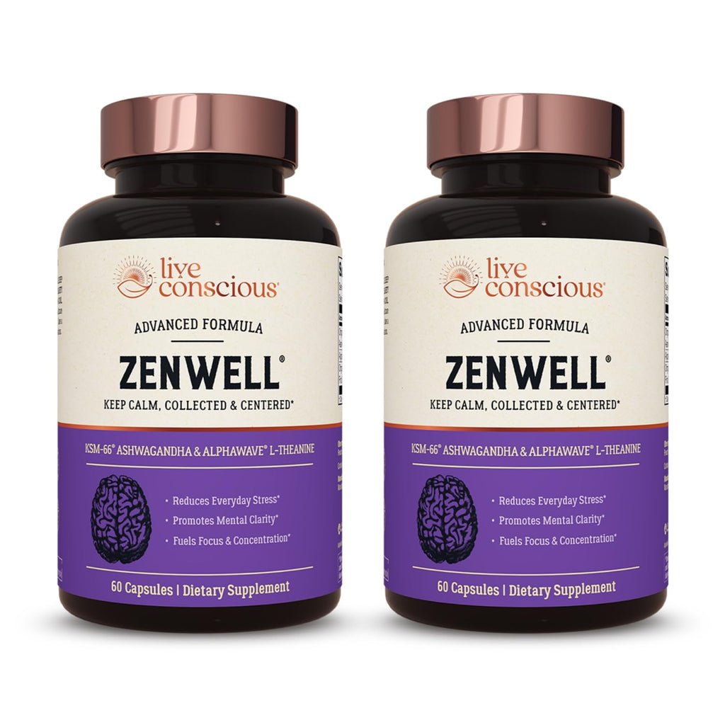 Live Conscious KSM-66 Ashwagandha Supplement w/L Theanine & AlphaWave - ZenWell Everyday Stress Relief, Cognitive, Brain Health - Ashwagandha for Men & Women - 60 Capsules
