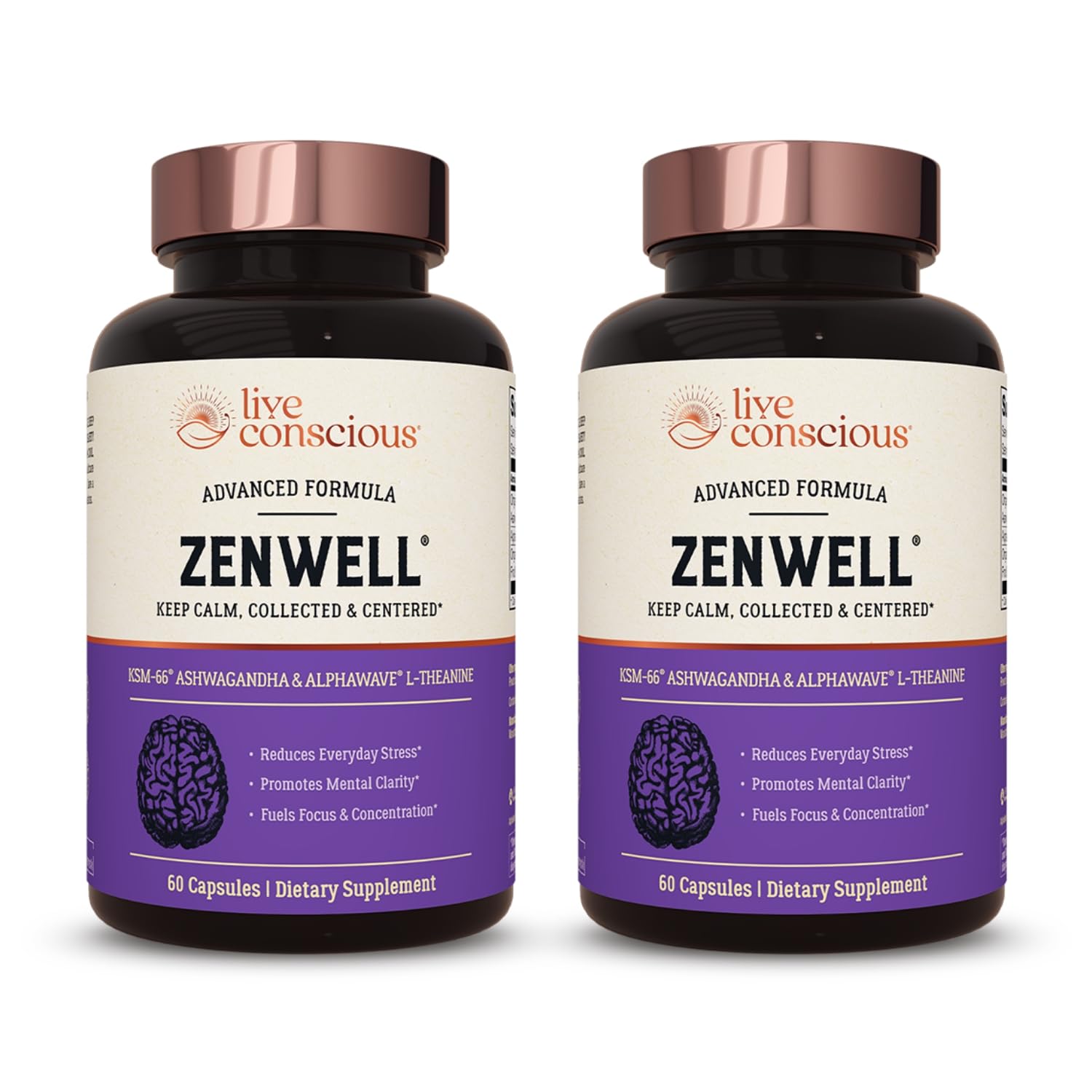 Live Conscious KSM-66 Ashwagandha Supplement w/L Theanine & AlphaWave - ZenWell Everyday Stress Relief, Cognitive, Brain Health - Ashwagandha for Men & Women - 60 Capsules