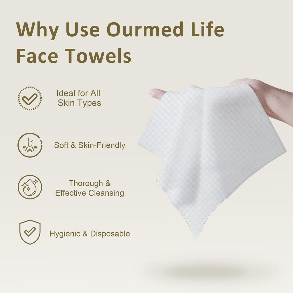 Buy now Ourmed Life Face Towels, Disposable Biodegradable Facial Towels for Sensitive Skin, Lint- free Face Wipes for Washing Face, Skincare and Makeup Remover, Dry Wipes, 10"×12" Extra Large, 50 Count at indiglob india