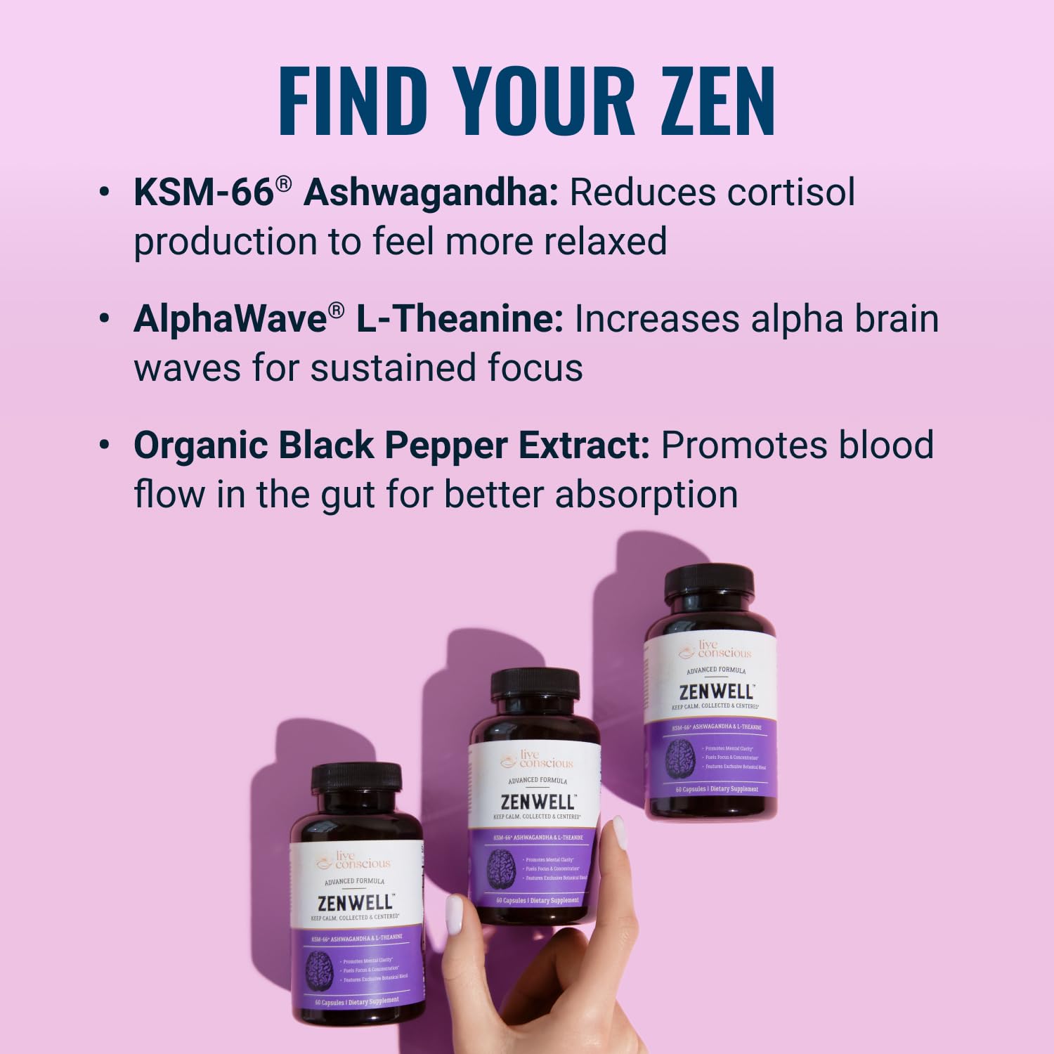 Live Conscious KSM-66 Ashwagandha Supplement w/L Theanine & AlphaWave - ZenWell Everyday Stress Relief, Cognitive, Brain Health - Ashwagandha for Men & Women - 60 Capsules