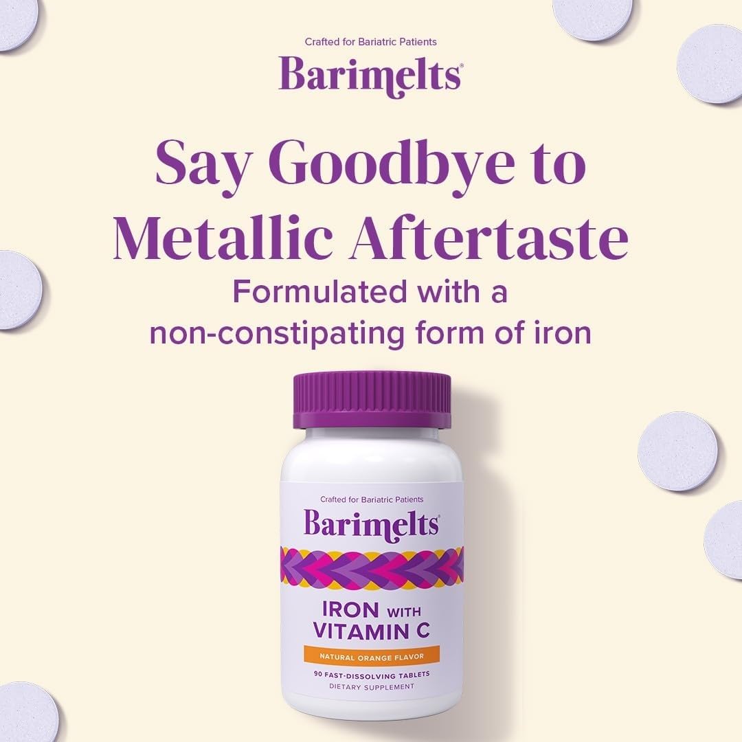 Barimelts Iron with Vitamin C, 180 Fast-Dissolving Tablets (2-Month Supply), Sugar-Free Bariatric Iron Supplement for Women, Natural Orange Flavor