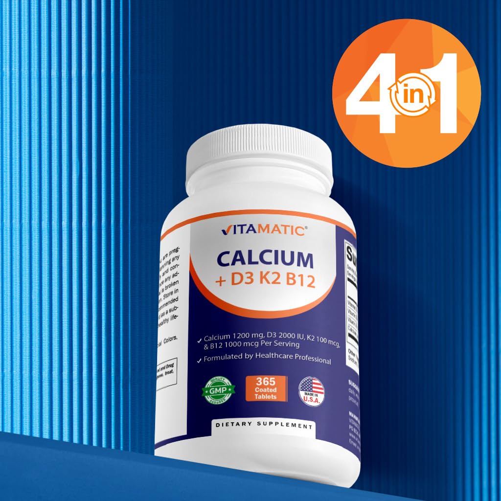 Vitamatic Calcium Supplement 1200mg with D3, K2 & B12, Immune & Bone Health Support - 365 Coated Tablets