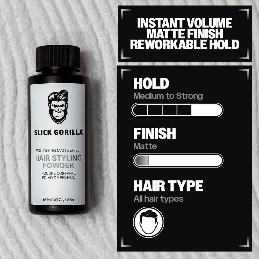 Slick Gorilla Hair Styling Powder for Men, Texture Powder 0.70 oz (20g) | Matte texturizing powder for volume, root lift, no shine and lightweight hold