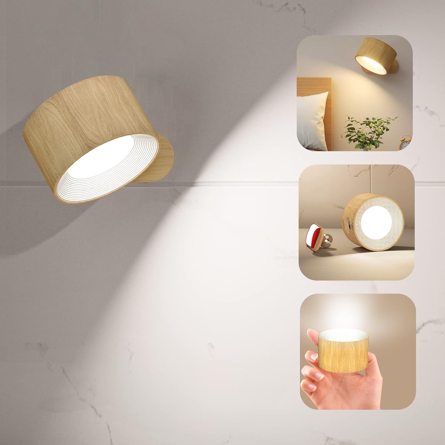 Buy now LED Wall Sconce, Wall Mounted Lamp with Rechargeable Battery Operated USB Port 3 Color Temperature & 3 Brightness Level 360°Rotate Magnetic Ball, Cordless Light for Reading Study Bedside A-Wood at indiglob india