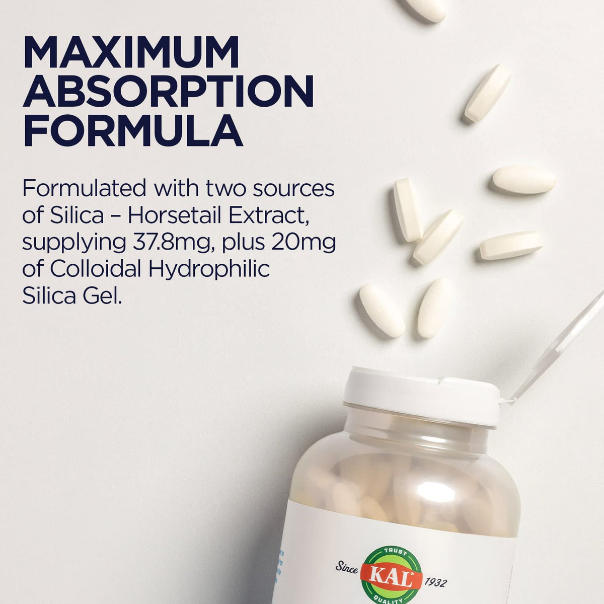 KAL Silica Plus, Silica Gel with Horsetail Extract, Healthy Hair, Skin & Nails Support, Maximum Absorption, Vibrant Hair, Glowing Skin Supplement, Vegan, Gluten Free, 90 Serv, 90 Quick Dissolve Tabs