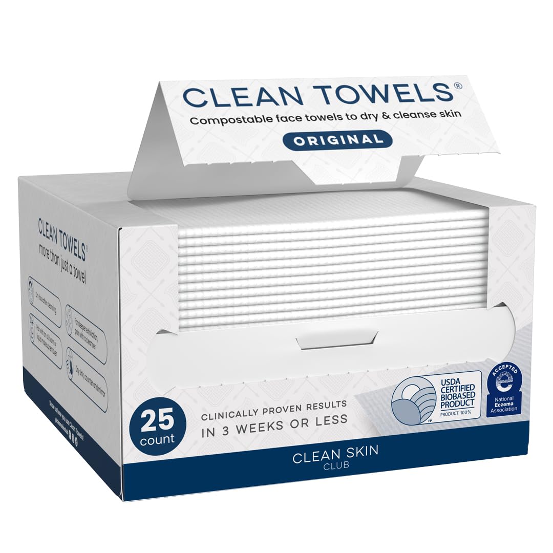 Clean Skin Club Clean Towels®, 100% USDA Biobased Face Towel, Disposable Face Towelette, Eczema Association Accepted, Makeup Remover Dry Wipes, Ultra Soft, 1 Pack, 25 Ct