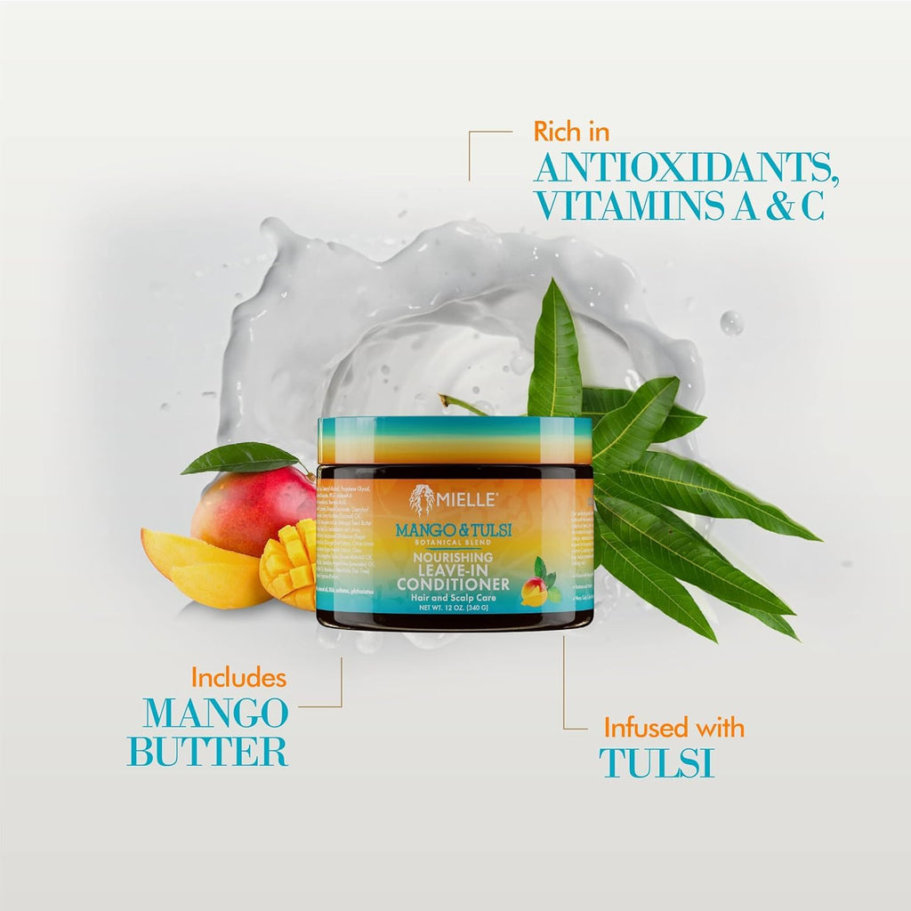 Mielle Organics Mango & Tulsi Nourishing Leave In Conditioner for Curly Hair - Moisturizing Leave In Conditioner with Breakage Protection & Scalp Nourishment - Detangles & Reduces Frizz (12 Oz)