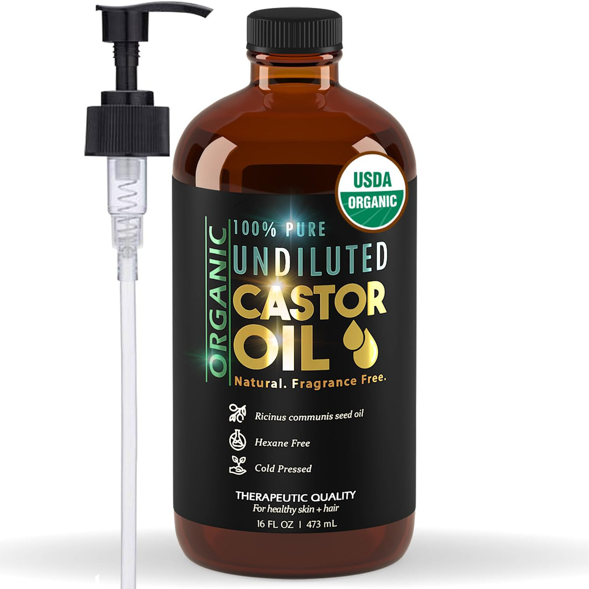 BALM OF GILEAD Organic Castor Oil for Skin Hydration - Therapeutic Cold Pressed, USDA Certified 100% Pure, Glass Bottle - 16 oz Unrefined, Hexane Free, Castor Oil for Hair & Eyelashes Growth