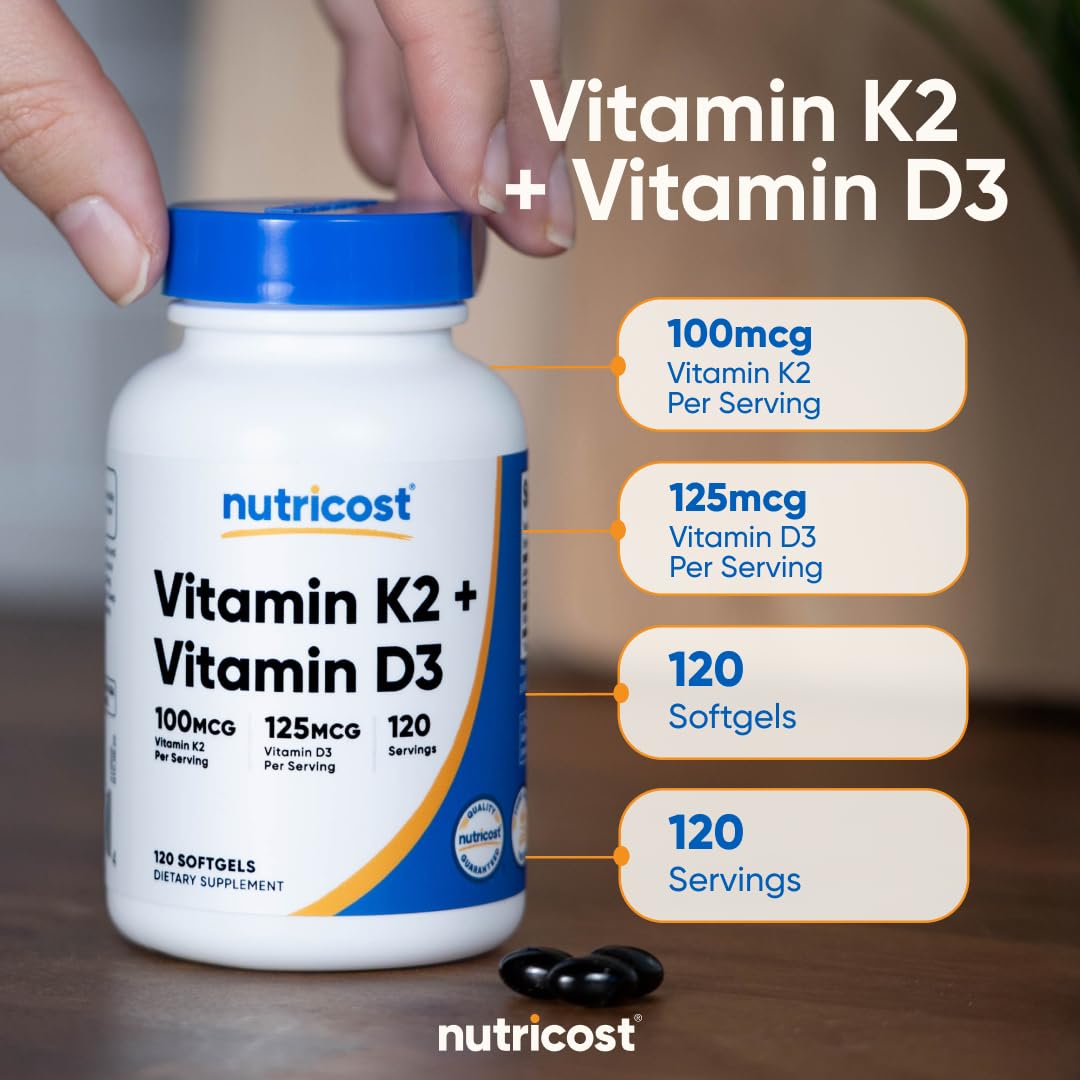 Nutricost Vitamin D3 + K2 (5000 IU D3 / 100mcg MK7) 120 Softgels, GMO-Free | Gluten-Free