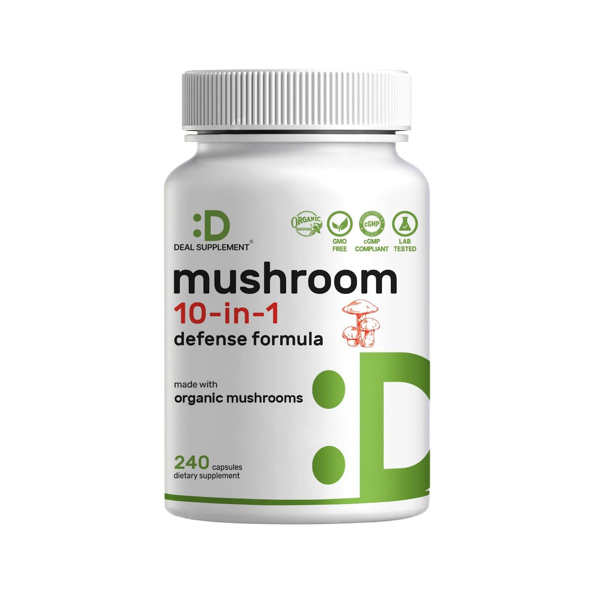 Organic 10-in-1 Mushroom Supplement, 240 Capsules – Lions Mane, Turkey Tail, Reishi, Cordyceps & More Mushroom Complex – Immune, Energy & Nootropic Brain Support – Non-GMO