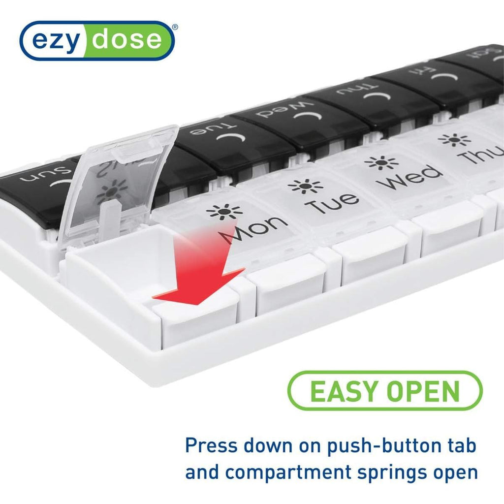 Buy now EZY DOSE Push Button (7-Day) Pill Case, Medicine Planner, Vitamin Organizer, 2 Times a Day AM/PM, Removable Trays, Large Compartments, Arthritis Friendly, Spring Open Black and White Lids, BPA Free at indiglob india
