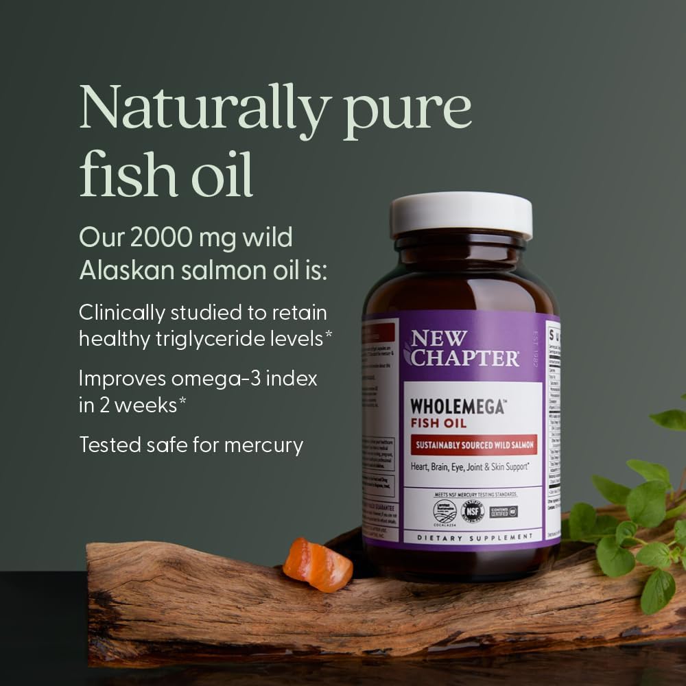 Buy now New Chapter Wholemega Fish Oil Supplement - 2000mg per Serving, Clinically Proven Wild Alaskan Salmon Oil with Omega-3 + Vitamin D3 + Astaxanthin, 60 Softgels at indiglob india