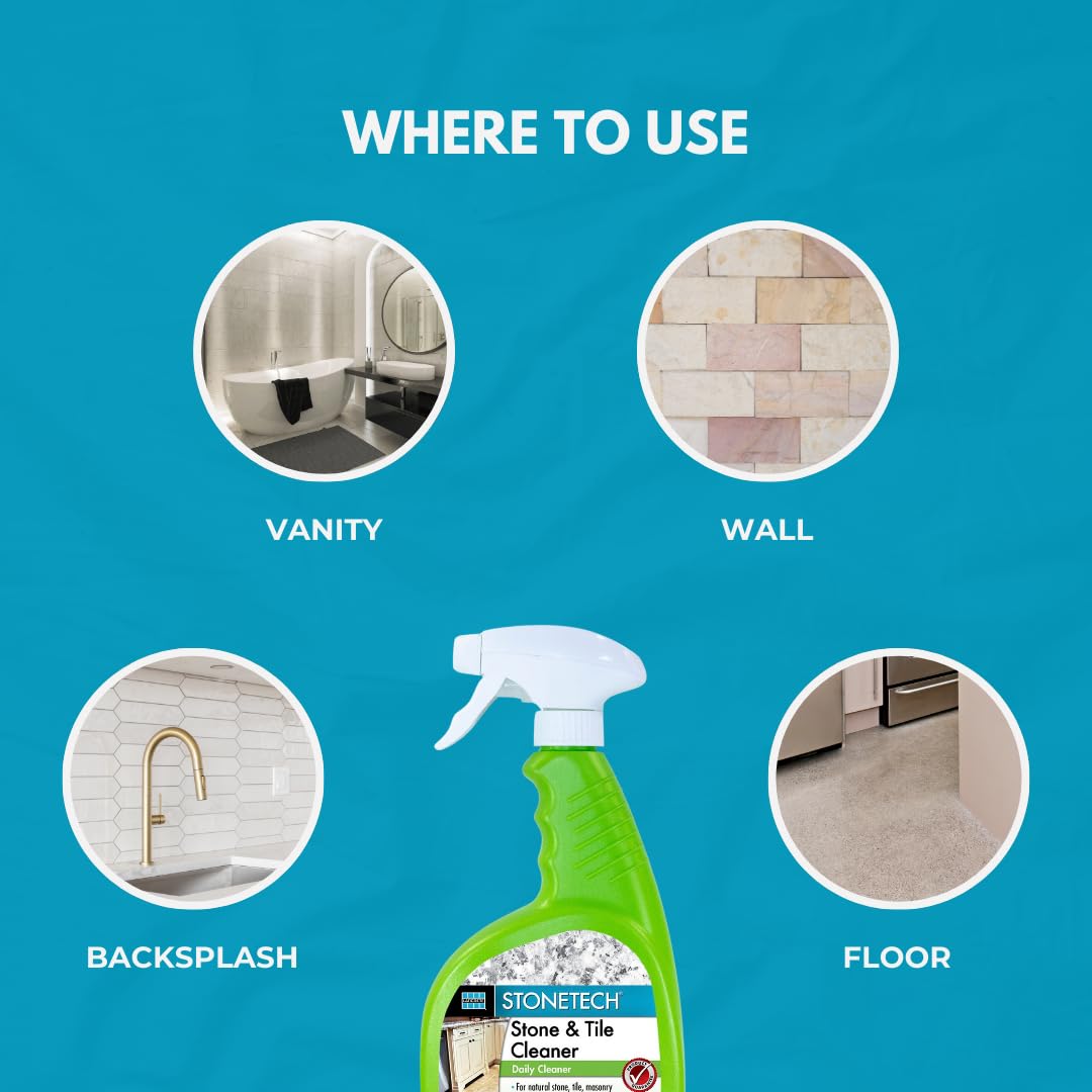 StoneTech Stone & Tile Cleaner Spray – Daily Cleaner for Granite, Marble, Ceramic, Porcelain & Stone – Removes Spills, Dirt & Grease – pH Neutral - 2-Pack, 24oz each + 2 Microfiber Cloths