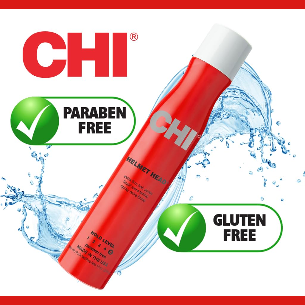 CHI Helmet Head Extra Firm Hairspray, Professional Extra Strong Hold Styling Spray for Humidity Resistance & Voluminous Hair, Sulfate & Paraben-Free Finish, 10 Oz