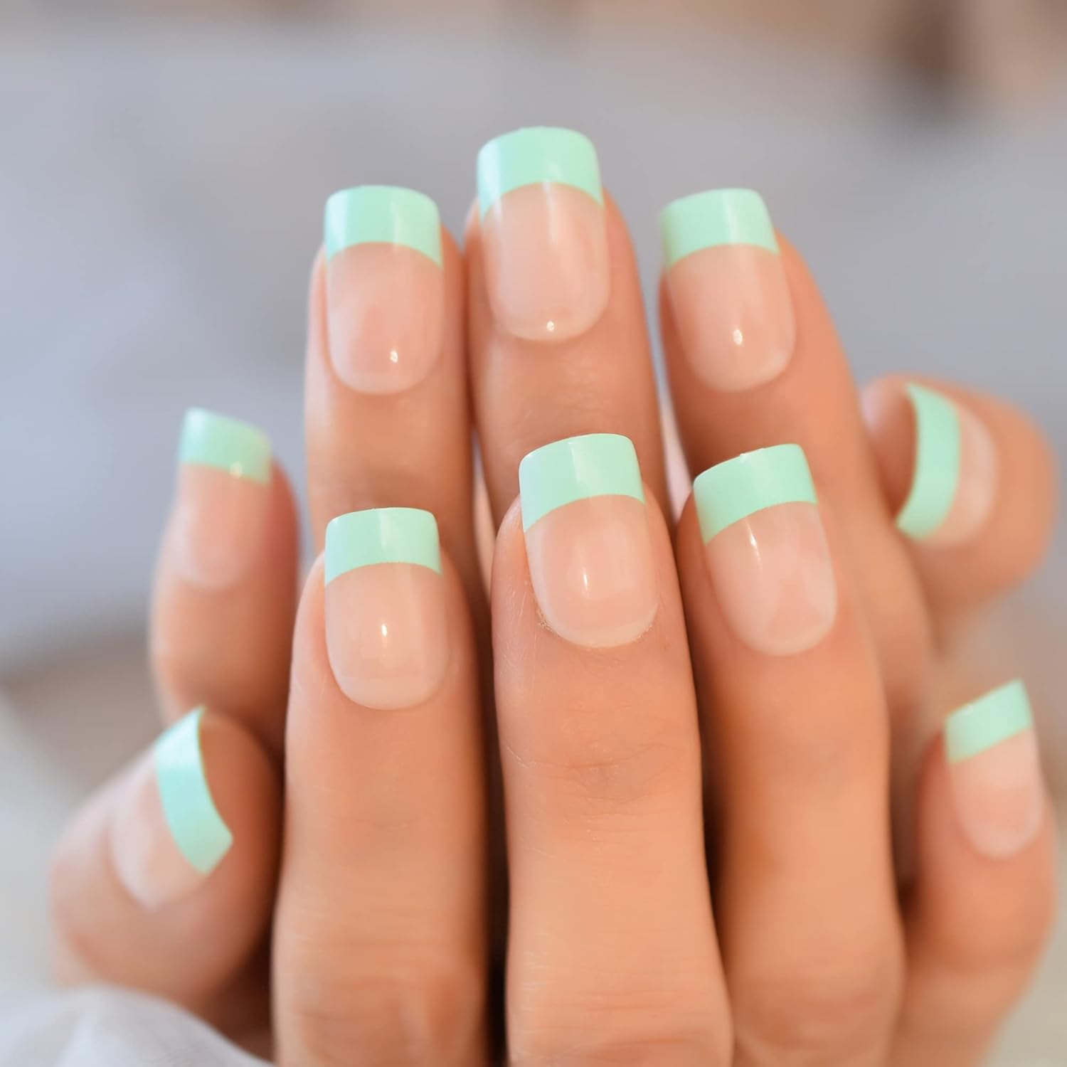 Buy now EchiQ Pearl Shine Glossy Fake Nails Shimmer White Square French Nail Ombre Faux Ongles Gradient Medium Fingernails with Gluetabs Green French at indiglob india