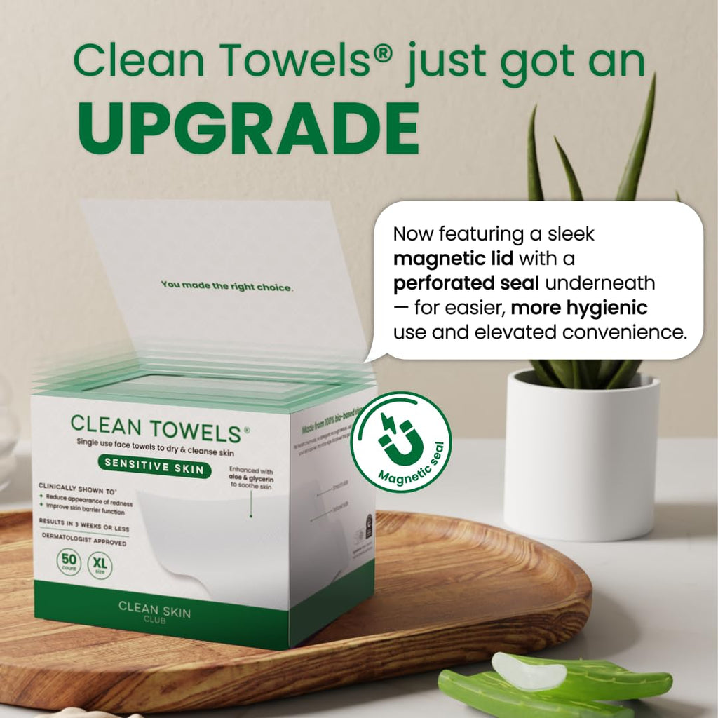 CLEAN SKIN CLUB Sensitive Skin Clean Towels® XL, Ultra-Soft Disposable Face Dry Wipes Infused with Aloe & Glycerin, XL - 1 Pack (50 count)