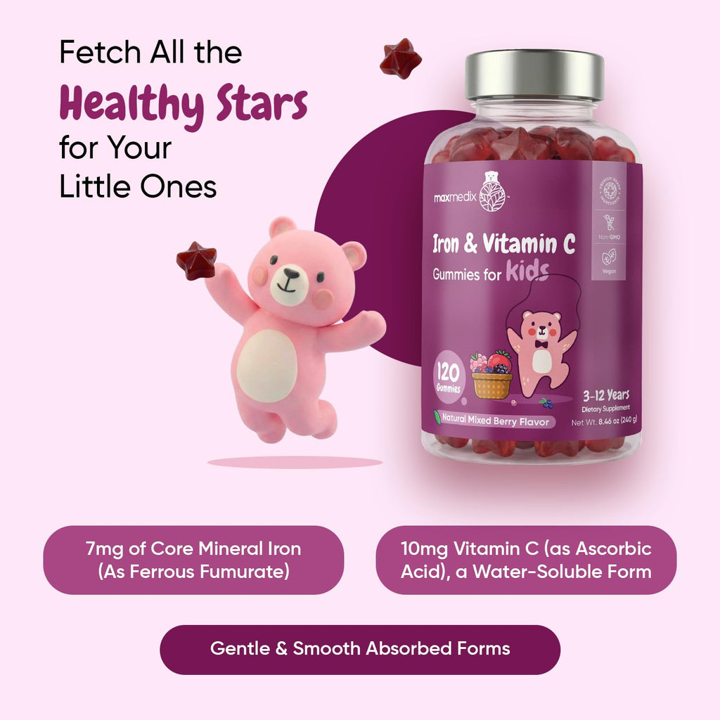 maxmedix Kids Iron with Vitamin C Gummies |120 Count, 4 Month Supply, Vegan