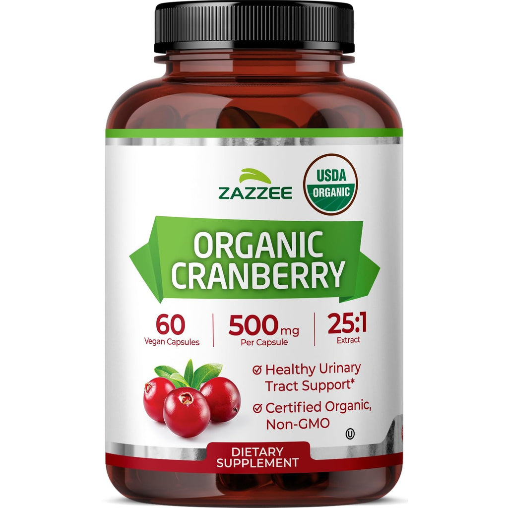 Zazzee USDA Organic Cranberry 25:1 Extract, 500 mg per Capsule, 60 Capsules | Vegan, 2 Month Supply, Certified Kosher, Vaccinium Macrocarpon, Non-GMO, Made in the USA