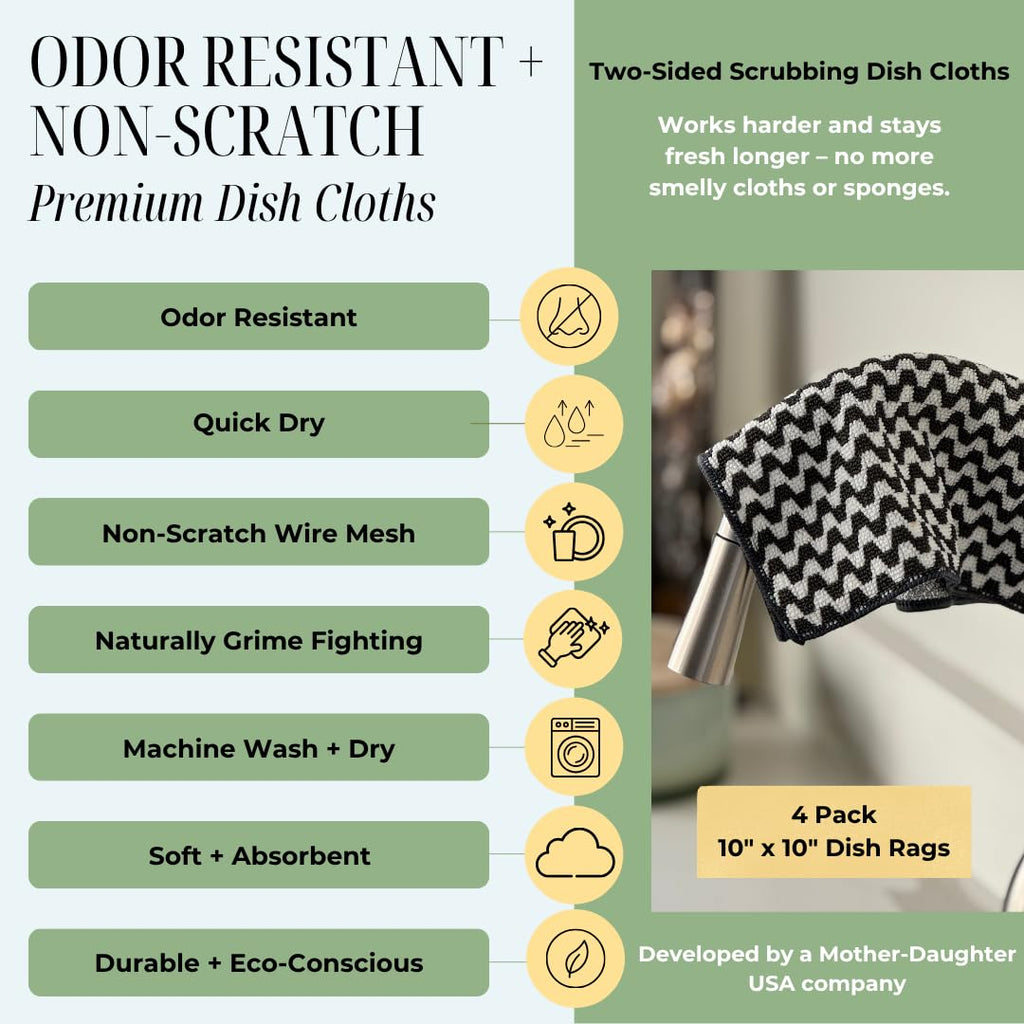 Dish Cloths for Washing Dishes 4pk - Odor-Resistant & Non-Scratch Scrubber