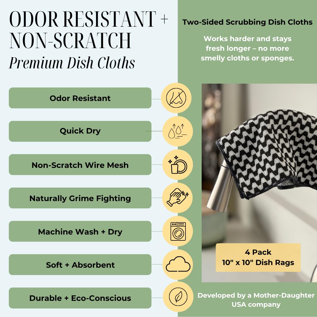 Dish Cloths for Washing Dishes 4pk - Odor-Resistant & Non-Scratch Scrubber