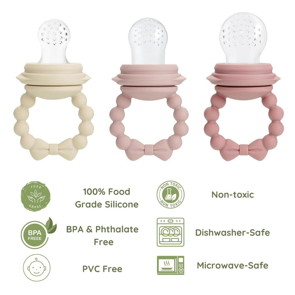 PandaEar 3 Pack Baby Fruit Food Feeder Pacifier with 3 Different Sized Pouches, Silicone Teether for Purees & Breast Milk, BPA Free Infant Solid Food Essentials for Babies 3-12 Months (Bow Series)