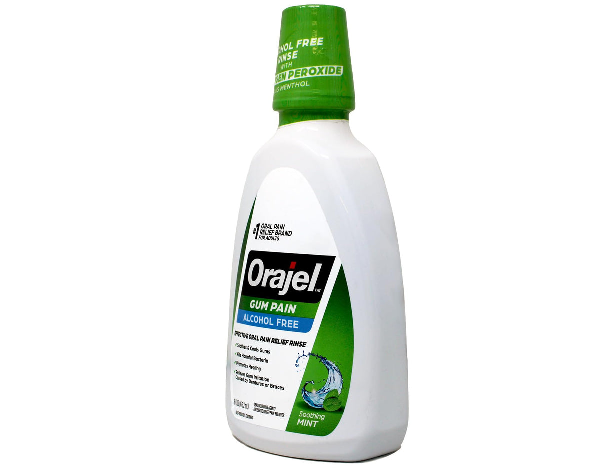 Orajel 2X Medicated Gum Pain Rinse, Alcohol-Free Oral Pain Relief Mouth Rinse with Hydrogen Peroxide 1.5% + Menthol, Soothing Mint, 16 fl oz
