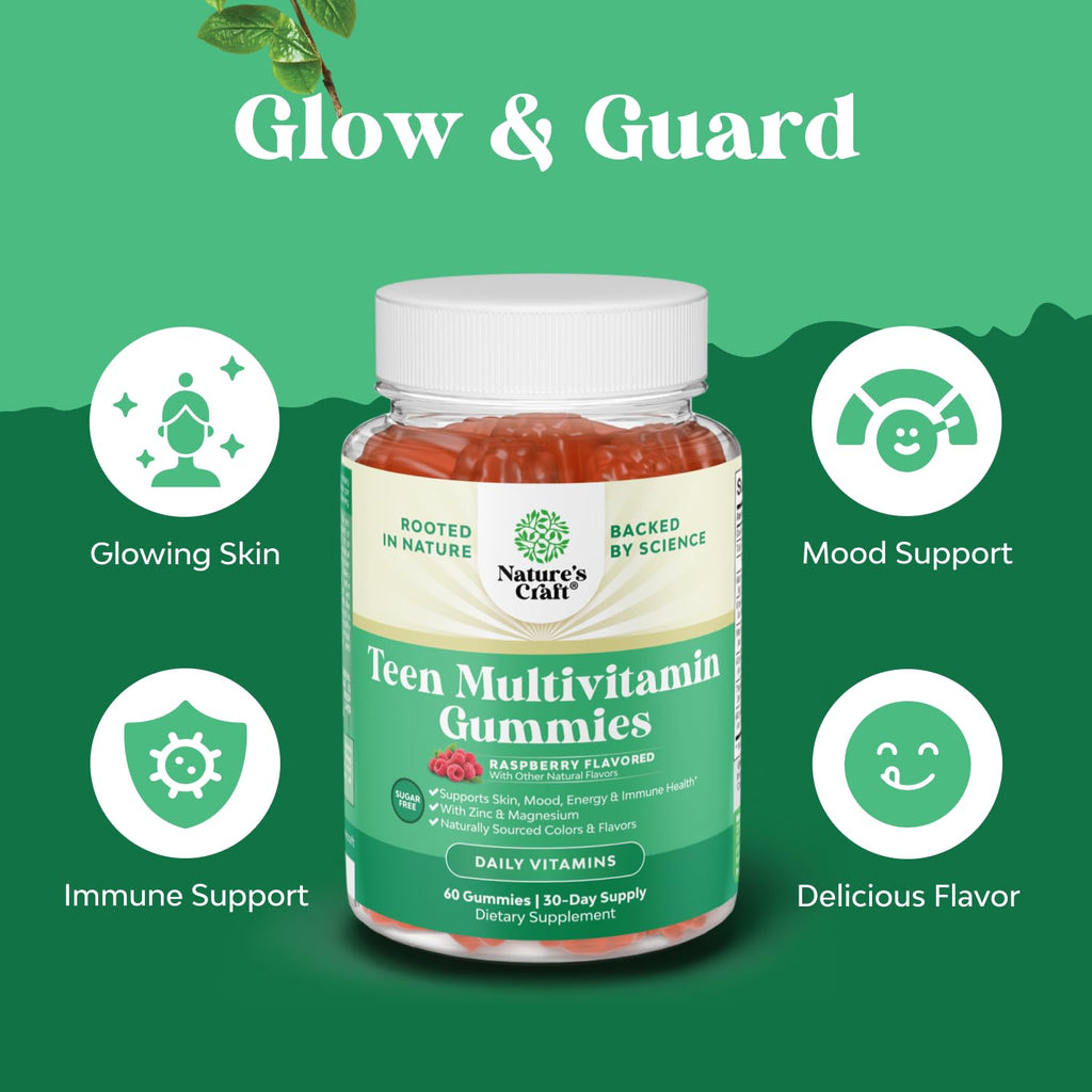 Teen Multivitamin Gummies 12-17 - Teen Boys & Girls Gummy Vitamins for Better Skin, Immune Strength, Mood & Energy Support - Teenage Girl & Boy Supplements with Zn, Mg, Vitamin A, C, D & E - 60 Ct