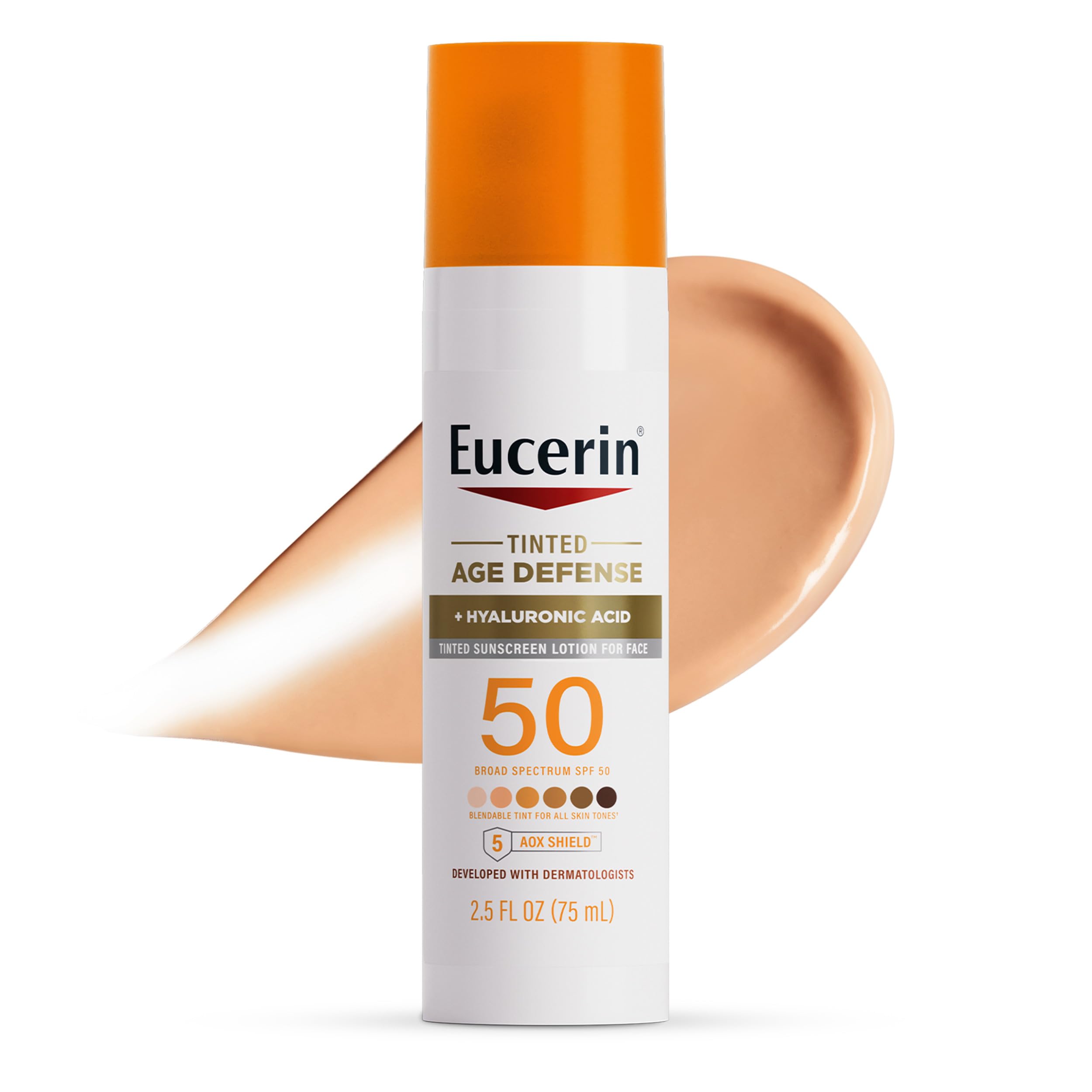 Eucerin Sun Age Defense Tinted Face Lotion SPF 50, 2.5 FL OZ | Universal Tinted Sunscreen for Face with Hyaluronic Acid, Non Comedogenic Facial Lotion, Fragrance Free