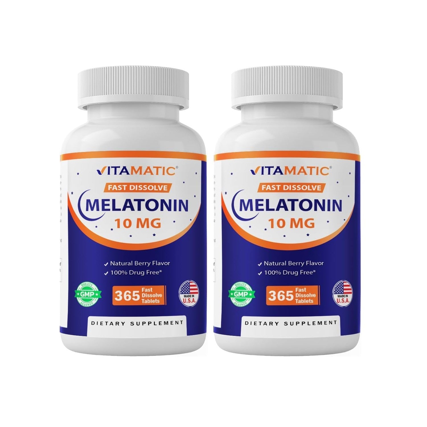 Vitamatic Melatonin 10 mg Fast Dissolve Tablets – Quick-Dissolving Sleep Support Supplement for Adults – Vegetarian, Non-GMO & Gluten-Free – Natural Berry Flavor – 365 Tablets