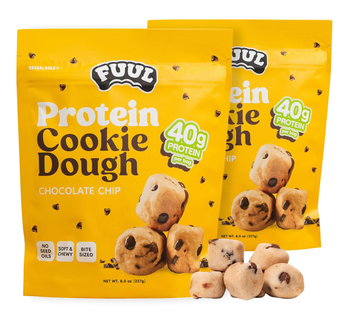 FUUL Chocolate Chip Cookie Dough Protein Bites - 2 Bags (1lb, 80g Protein)