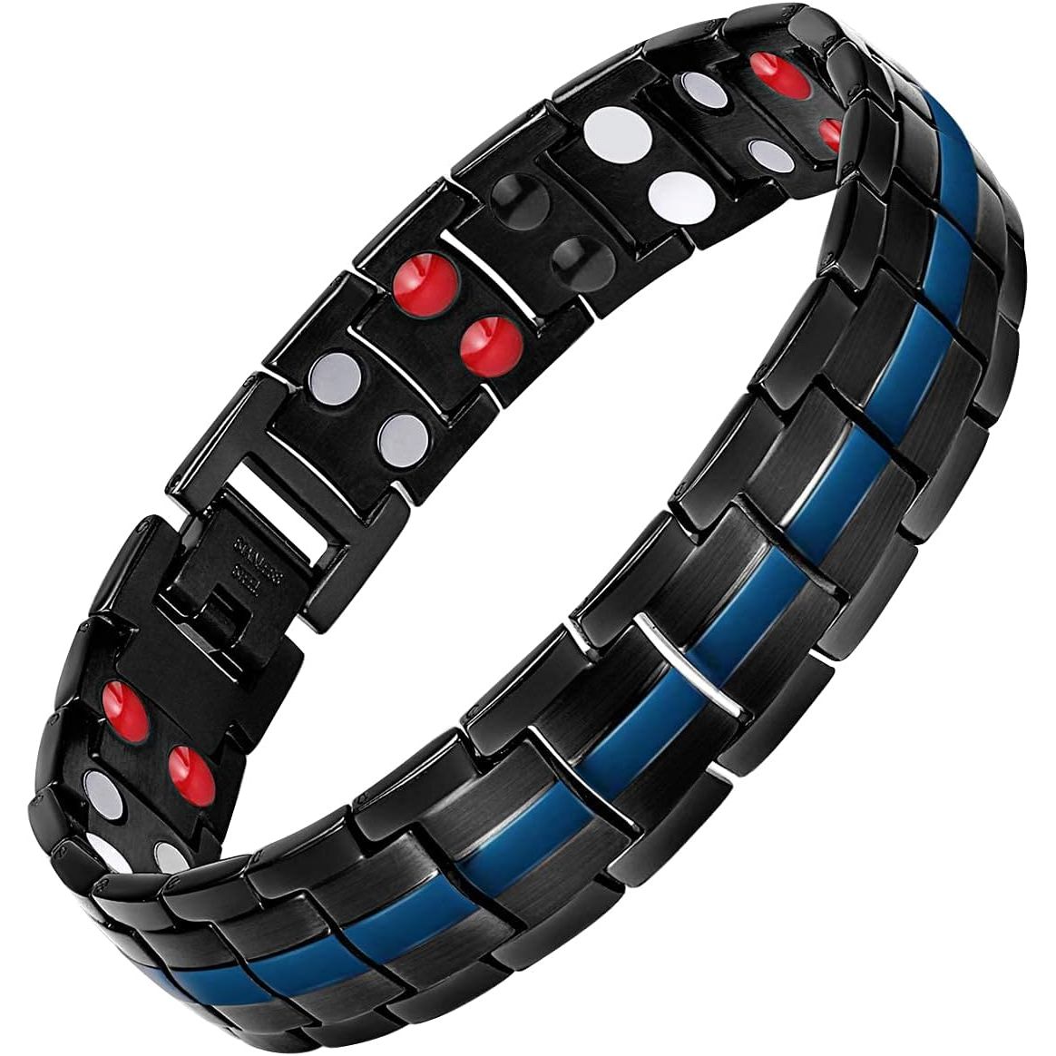 Buy now Feraco Mens Magnetic Bracelet Titanium Steel Magnetic Bracelet with Double Row 4 Elements Magnets (Silver) Black & Blue at indiglob india