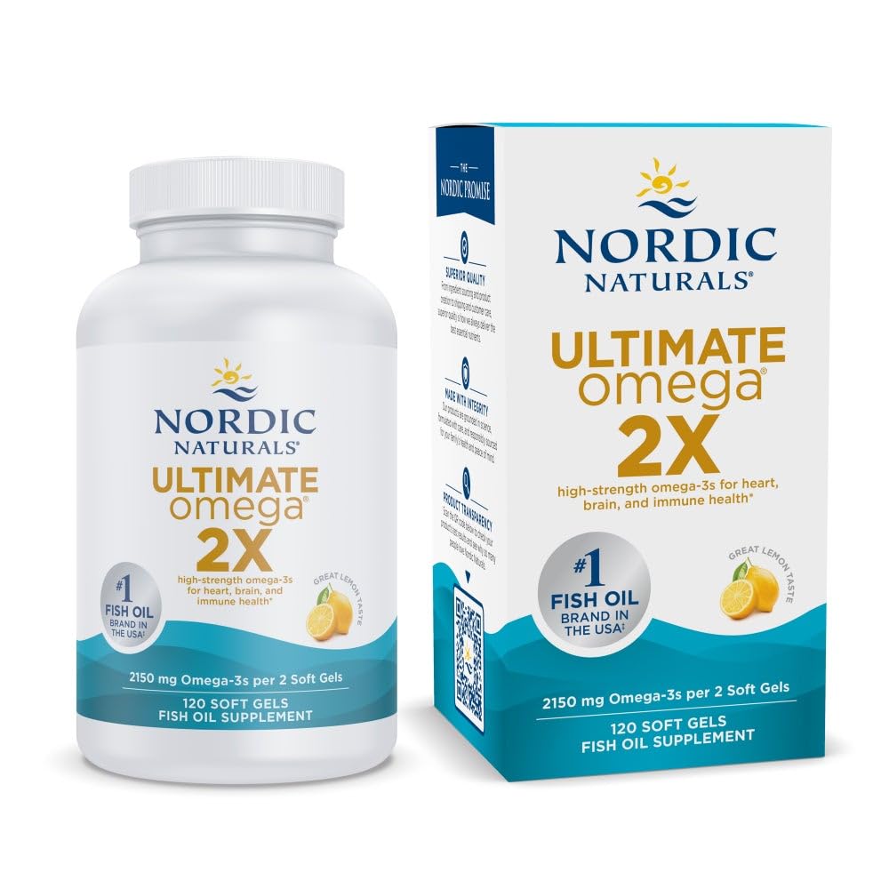 Nordic Naturals Ultimate Omega 2X, 2150mg Fish Oil, Lemon - 120 Count | High-potency 2X formula with EPA & DHA for brain & heart health. Non-GMO soft gels. 60 servings.