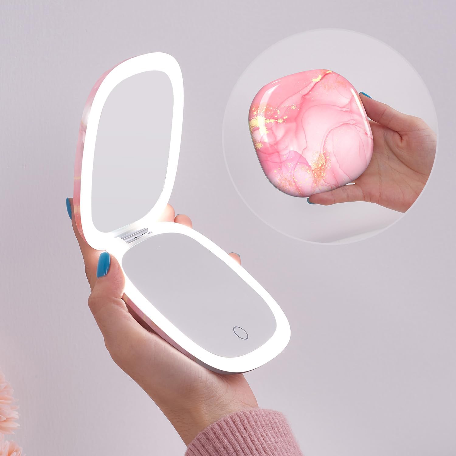 Buy now Mocado Compact LED Magnifying Makeup Mirror 4â€³ â€“ 1X/10X Double-Sided Dimmable Touch Mirror | USB Rechargeable Portable Travel Cosmetic (Rose Gold) Pink Marble at indiglob india