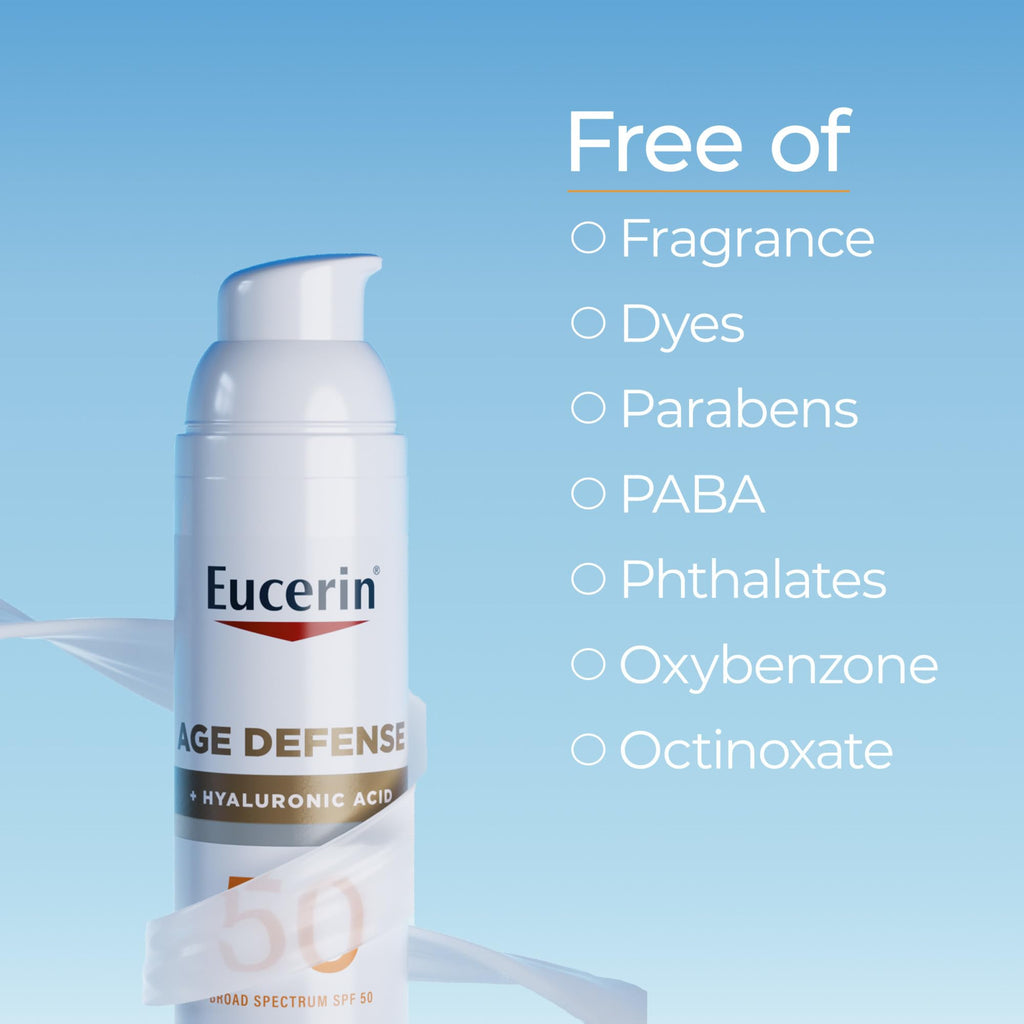 Buy now Eucerin Sun Age Defense SPF 50 Face Sunscreen Lotion with Hyaluronic Acid, Hypoallergenic, Non-Comedogenic Sunscreen SPF 50 Free of Fragrance, Oxybenzone and Octinoxate, 2.5 Fl Oz Bottle at indiglob india
