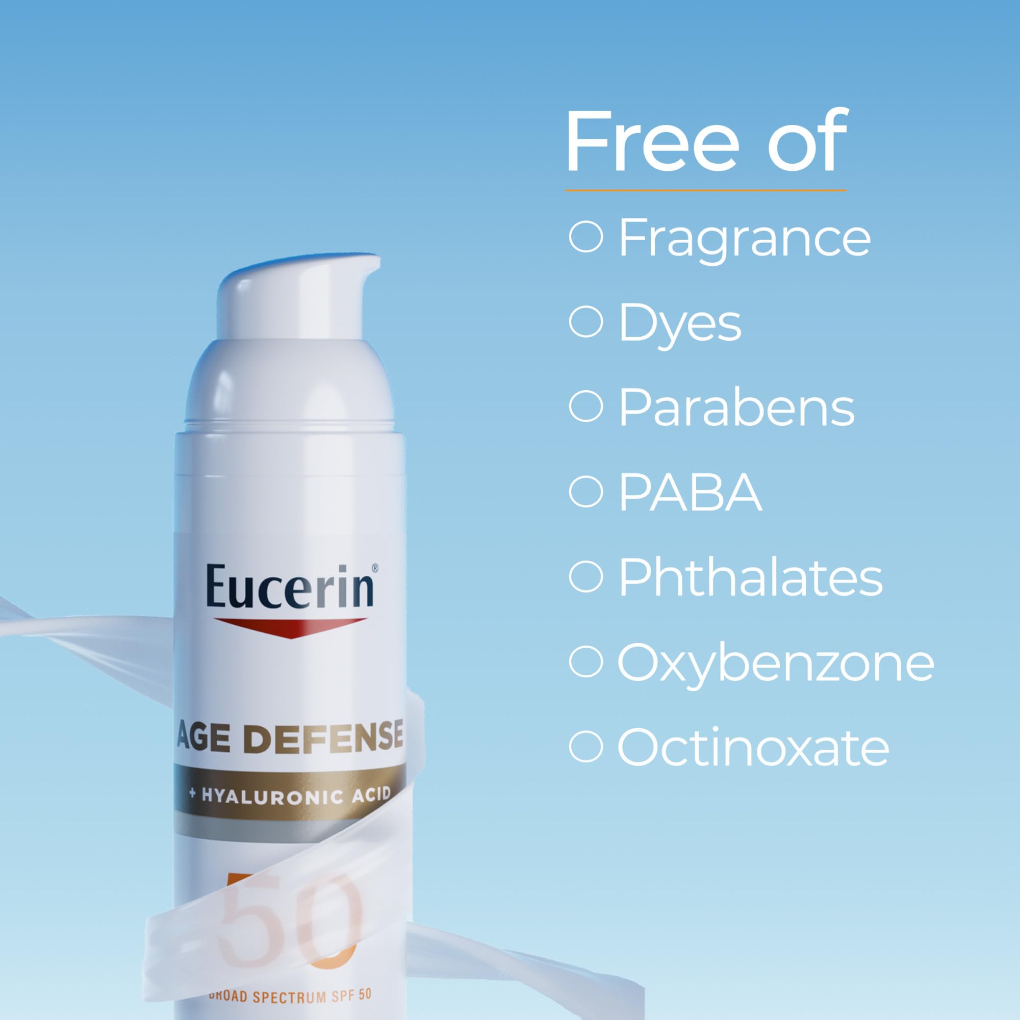 Buy now Eucerin Sun Age Defense SPF 50 Face Sunscreen Lotion with Hyaluronic Acid, Hypoallergenic, Non-Comedogenic Sunscreen SPF 50 Free of Fragrance, Oxybenzone and Octinoxate, 2.5 Fl Oz Bottle at indiglob india