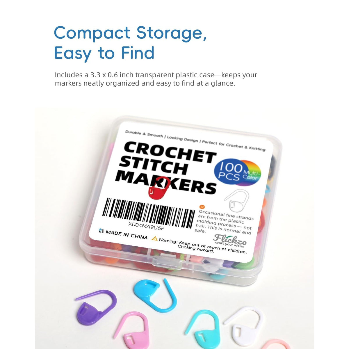 100PCS Crochet Stitch Markers by Flickzo – Locking Stitch Markers with Storage Case, Plastic Safety Pins for Knitting & Crochet, Colorful Yarn Accessories for Crochet Tools & Supplies