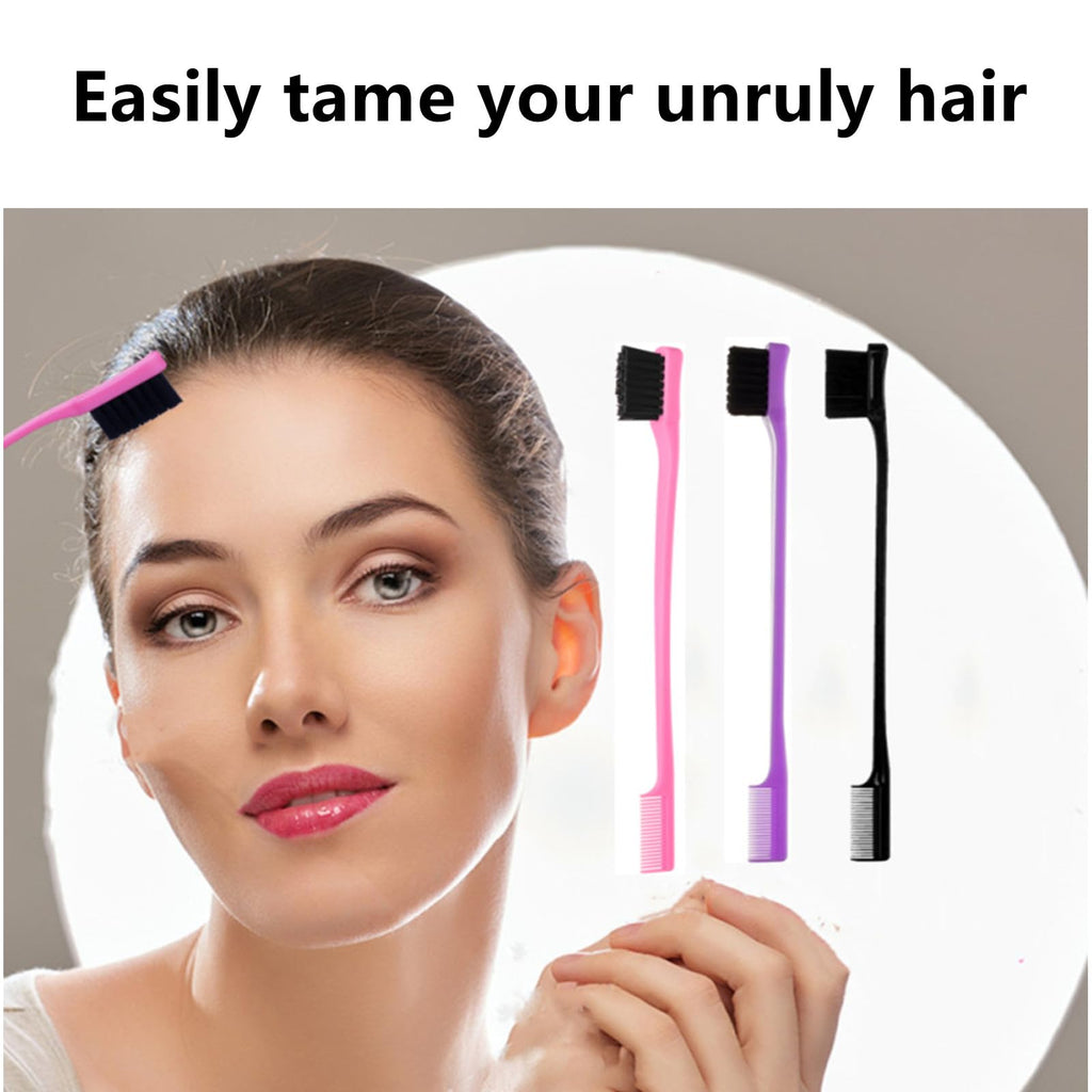 6Pack Double Sided Edge Control Hair Brush，Pink Purple Black | Professional Edge Control Hair Brush Comb Set, Dual-Sided Bristle Design