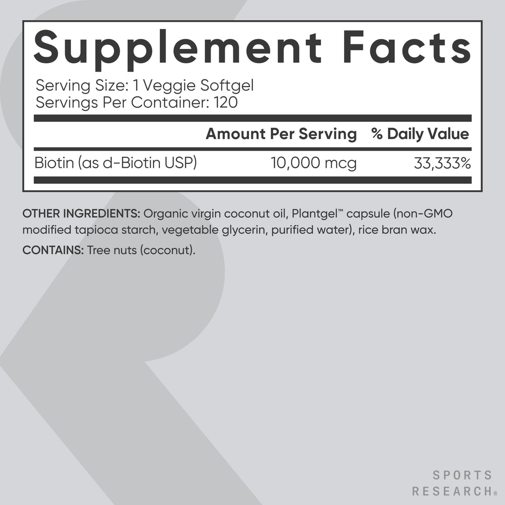 Sports Research® Biotin 10,000mcg w/Coconut Oil, 120 Count Plantgels™ | Max Strength Vegan Biotin (Vitamin B7) for Healthy Skin and Hair Support | Non-GMO, Gluten & Soy-Free, 120 Servings